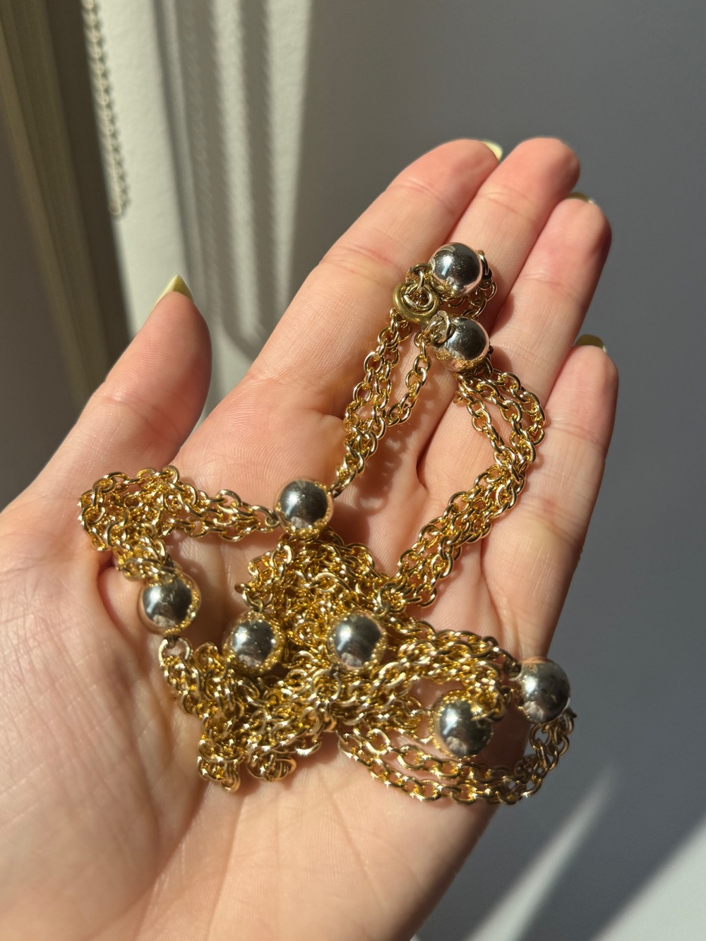 Vintage Gold Link Chain Necklace with Polished Silver-Tone Beads
